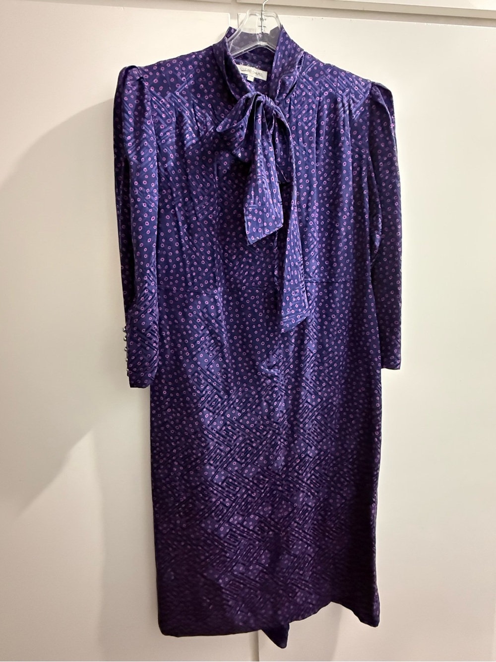 Vintage 100% Silk Purple Tie-Neck Midi Dress